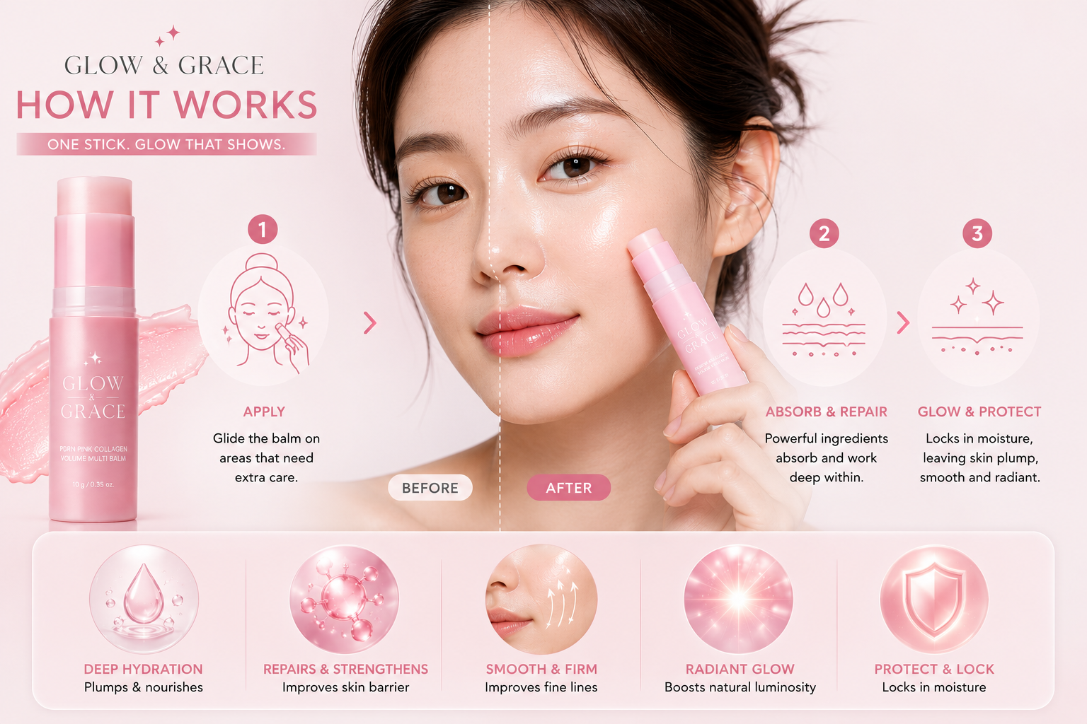 Glow & Grace PDRN Pink Collagen Multi Balm Stick | Korean Glass Skin & Wrinkle Care